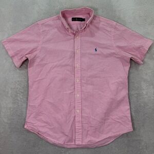 Ralph Lauren Mens Large Short Sleeve Seersucker Button Down Shirt Pink Striped